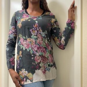 Johnny Was Charcoal Floral Long-Sleeve Scoop Neck Top